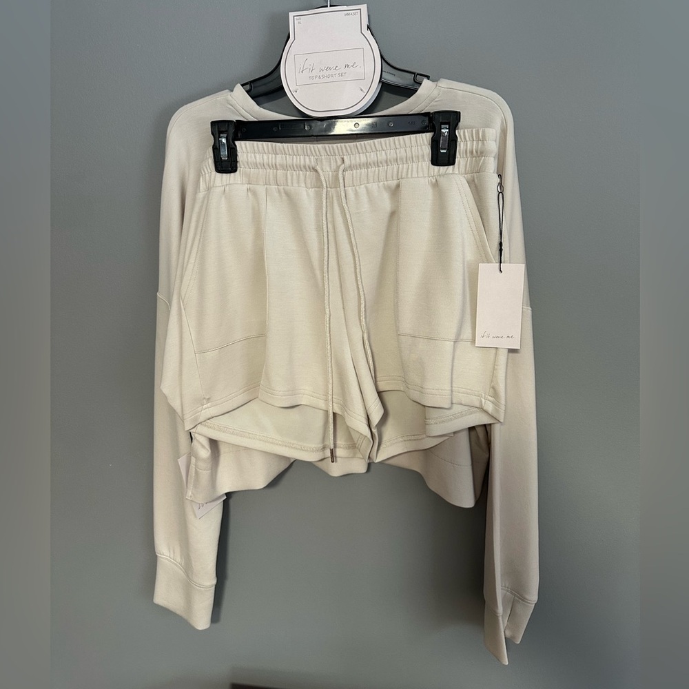 If It Were Me Cream Long Sleeve Half Sweatshirt & Shorts - Picture 4 of 6